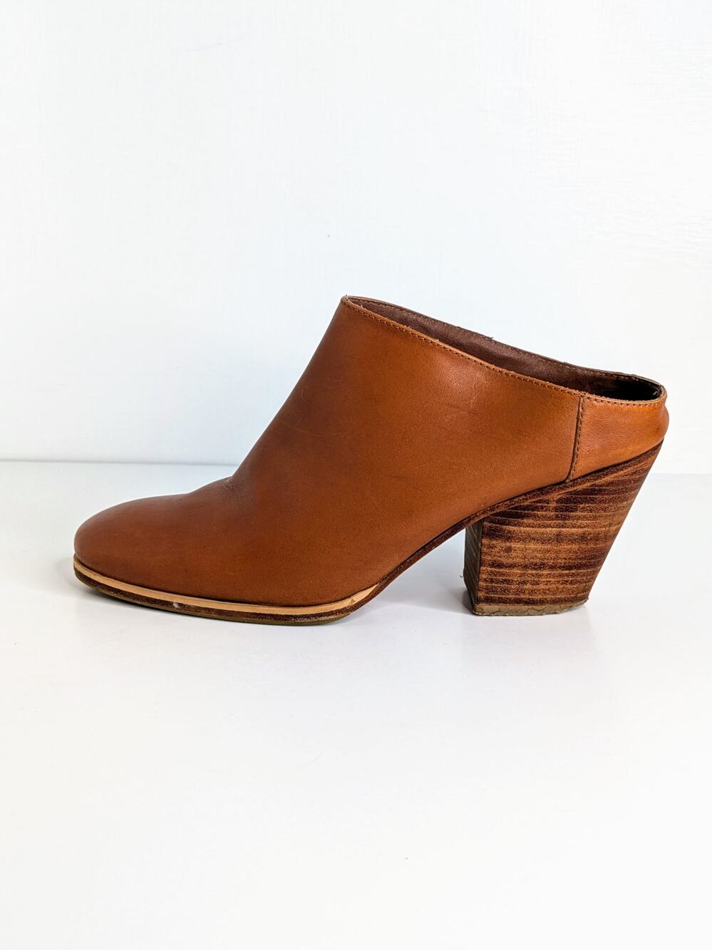Rachel Comey Mars Mules 8 Cognac Brown Leather Slip On Block Heel Almond Toe